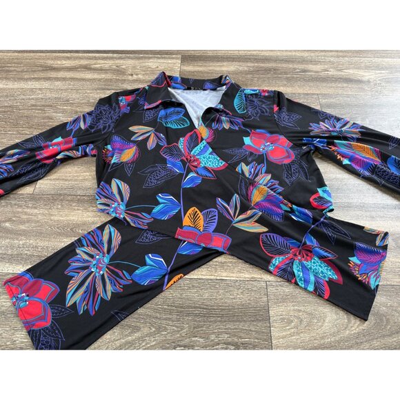 IMAN CASUAL BLACK FLORAL TIE FRONT CROPPED TOP LONG SLEEVE COLLARED WOMENS XLP - Picture 5 of 9